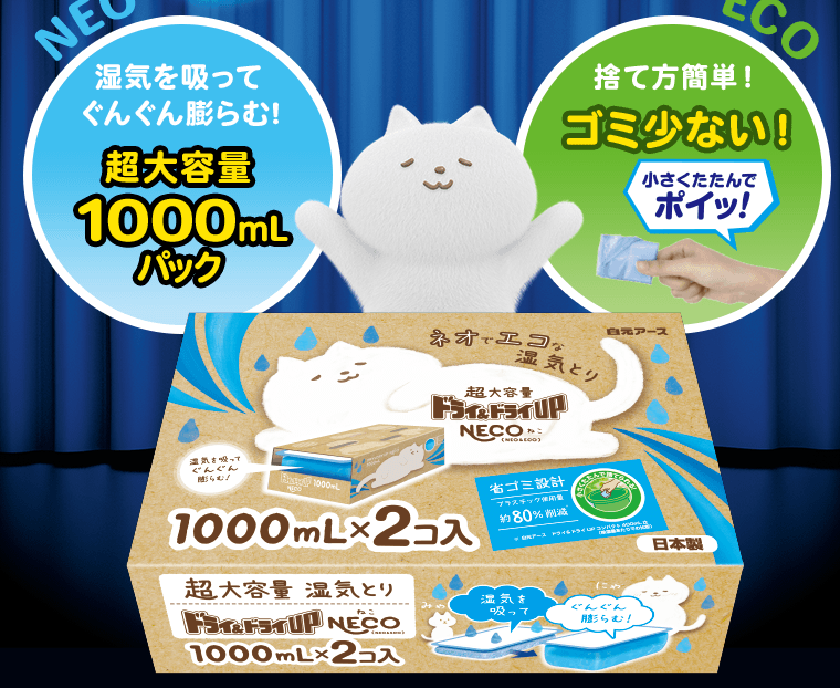 NEO《湿気を吸ってぐんぐん膨らむ！超大容量1000mLパック》　ECO《捨て方簡単！ゴミ少ない！小さくたたんでポイッ！》