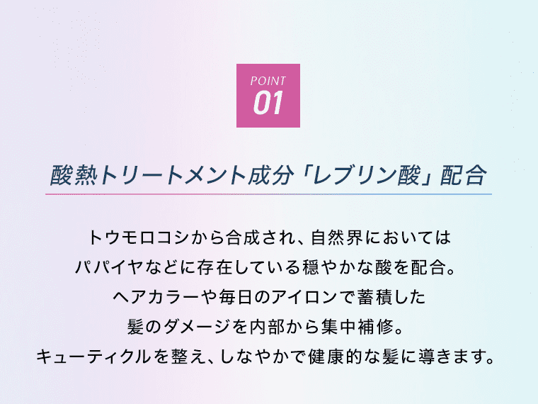 POINT01 酸熱トリートメント成分「レブリン酸」配合 トウモロコシから合成され、自然界においてはパパイヤなどに存在している穏やかな酸を配合。ヘアカラーや毎日のアイロンで蓄積した髪のダメージを内部から集中補修。キューティクルを整え、しなやかで健康的な髪に導きます。