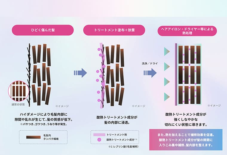 ひどく傷んだ髪→トリートメント塗布+放置→ヘアアイロン・ドライヤー等による熱処理