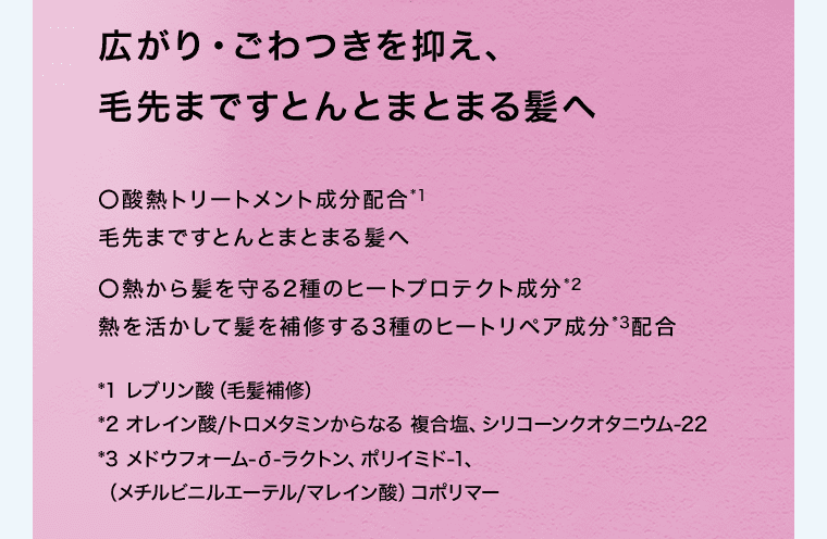 広がり・ごわつきを抑え、毛先まですとんとまとまる髪へ 	○酸熱トリートメント成分配合※1 毛先まですとんとまとまる髪へ 	○熱から髪を守る2種のヒートプロテクト成分※2 熱を活かして髪を補修する3種のヒートリペア成分※3配合 ※1レブリン酸(毛髪補修) ※2オレイン酸/トロメタミンからなる複合塩、シリコーンクオタニウム-22 ※3メドウフォーム-δ-ラクトン、ポリイミド-1(メチルビニルエーテル/マレイン酸)コポリマー