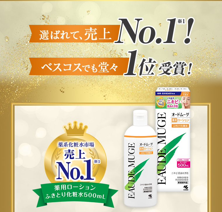 選ばれて、売上 No.1！ベスコスでも堂々 1位受賞！薬系化粧水市場 売上No.1！薬用ローション ふきとり化粧水500mL