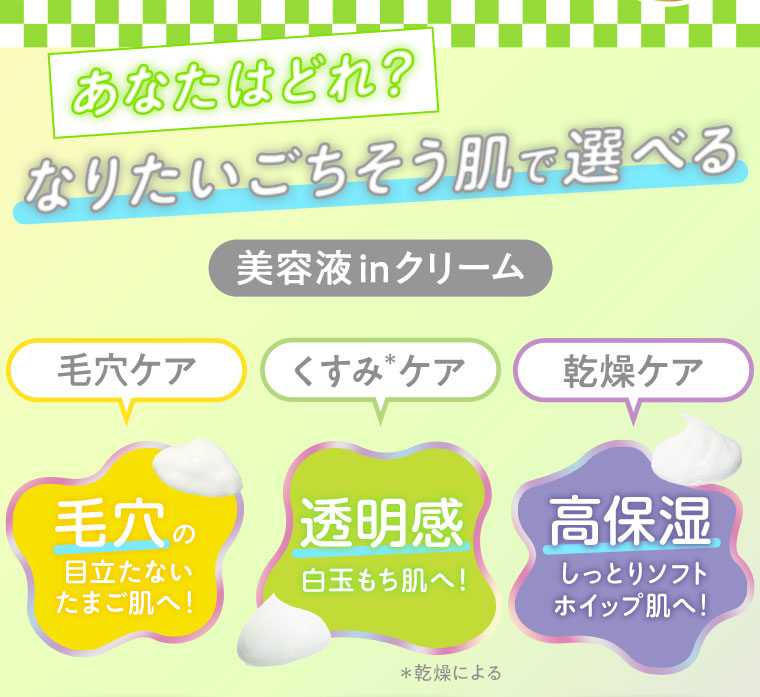 あなたはどれ？なりたいごちそう肌で選べる　美容液 in クリーム　毛穴ケア　くすみケア　乾燥ケア