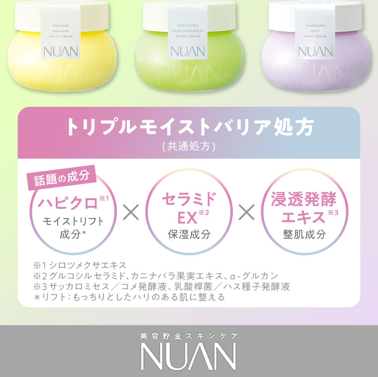 トリプルモイストバリア処方　ハピクロ　セラミドEX　浸透発酵エキス　美容貯金スキンケア　NUAN