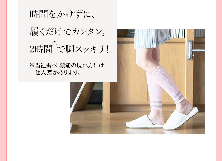 時間をかけずに、履くだけでカンタン。2時間※で脚スッキリ！ ※当社調べ 機能の現れ方には個人差があります。