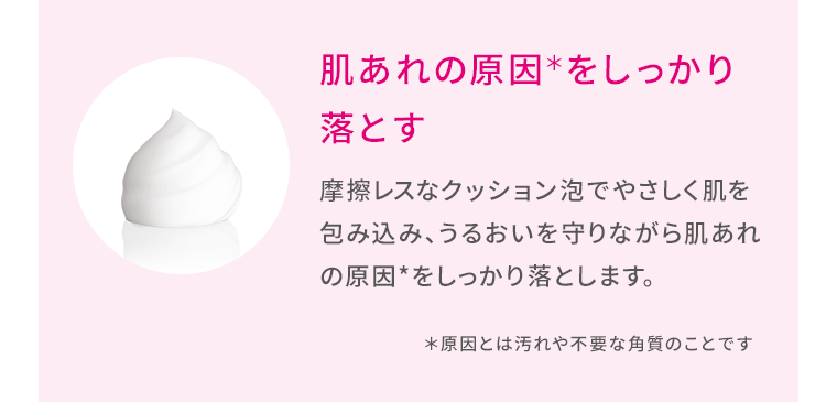 肌あれの原因＊をしっかり落とす／摩擦レスなクッション泡でやさしく肌を包み込み、うるおいを守りながら肌あれの原因*をしっかり落とします。　＊原因とは汚れや不要な角質のことです