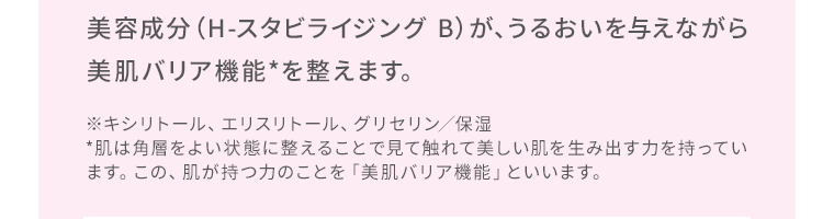 美容成分（H-スタビライジング B）が、うるおいを与えながら美肌バリア機能*を整えます。　※キシリトール、エリスリトール、グリセリン／保湿　*肌は角層をよい状態に整えることで見て触れて美しい肌を生み出す力を持っています。この、肌が持つ力のことを「美肌バリア機能」といいます。