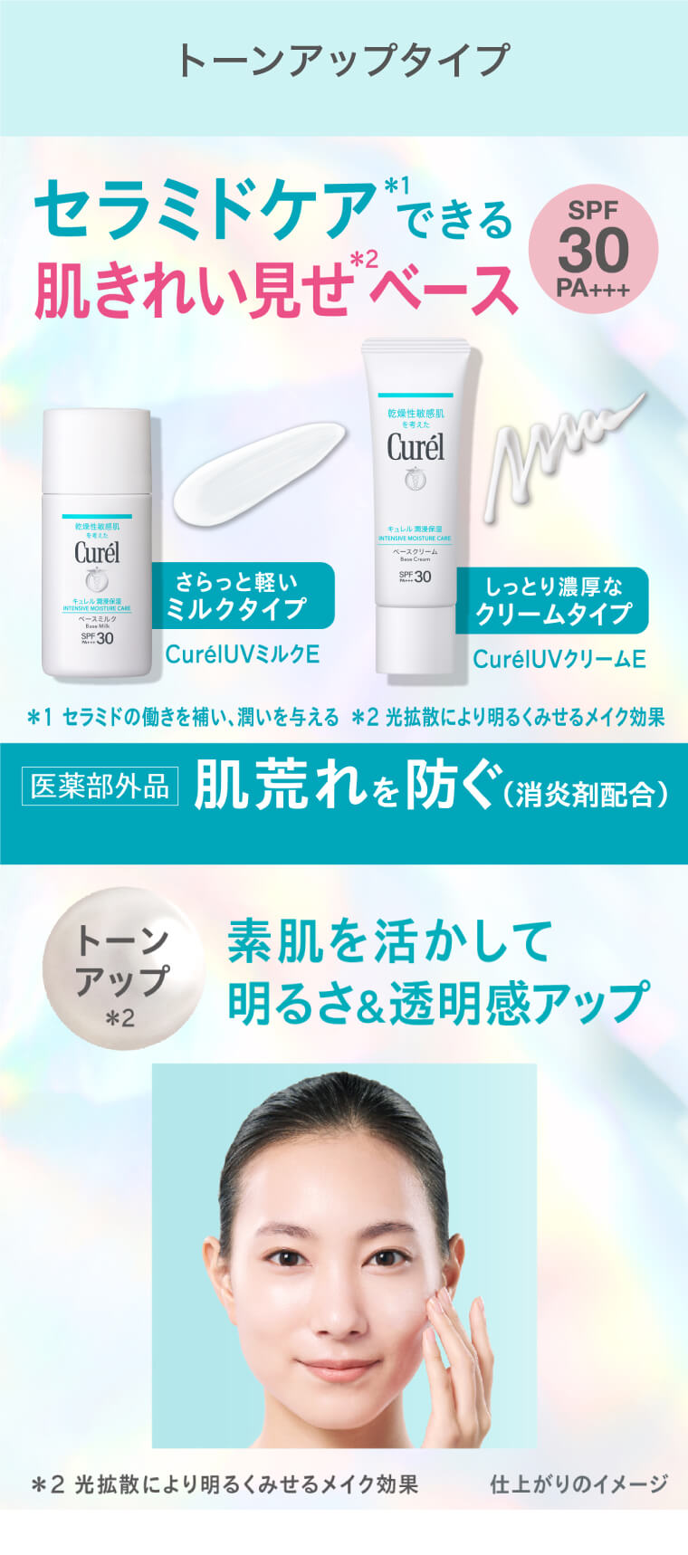 トーンアップタイプ セラミドケア*1 できる肌きれい見せ*2 ベース SPF30PA+++ *1セラミドの働きを補い、潤いを与える *2光拡散により明るく見せるメイク効果 さらっと軽いミルクタイプCurelUVミルクE しっとり濃厚なクリームタイプCurelUVクリームE 医薬部外品肌荒れを防ぐ(消炎剤配合) トーンアップ*2 素肌を活かして明るさ&透明感アップ *2光拡散により明るくみせるメイク効果