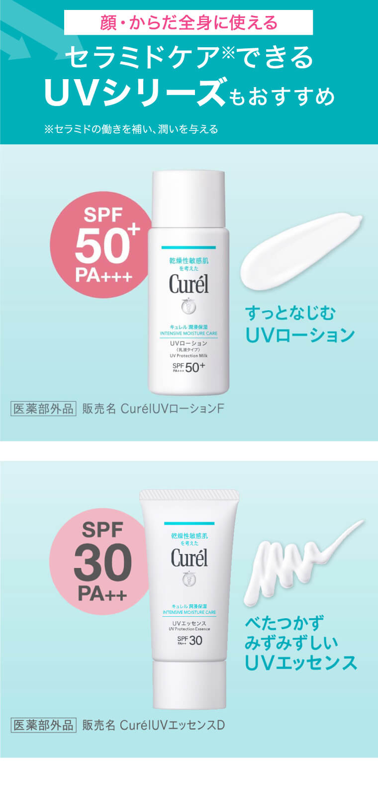 顔・からだ全身に使える セラミドケア※できるUVシリーズもおすすめ ※セラミドの働きを補い、潤いを与える SPF50+PA+++ すっとなじむUVローション 医薬部外品 販売名 CurelUVローションF SPF30PA++ べたつかずみずみずしいUVエッセンス 医薬部外品販売名 CurelUVローションD