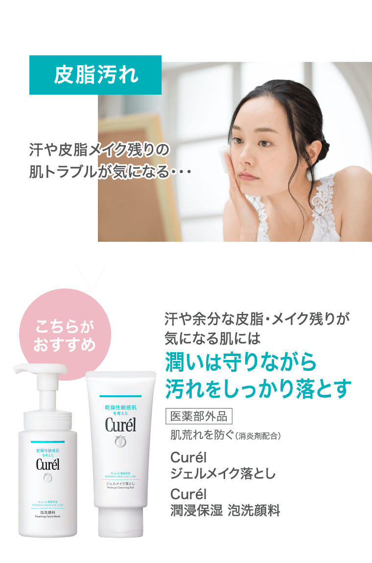 皮脂汚れ 汗や皮脂メイク残りの肌トラブルが気になる・・・ こちらがおすすめ 汗や余分な皮脂・メイク残りが気になる肌には潤いは守りながら汚れをしっかり落とす 医薬部外品 肌荒れを防ぐ(消炎剤配合) Curelジュエルメイク落とし Curel潤浸保湿 泡洗顔料