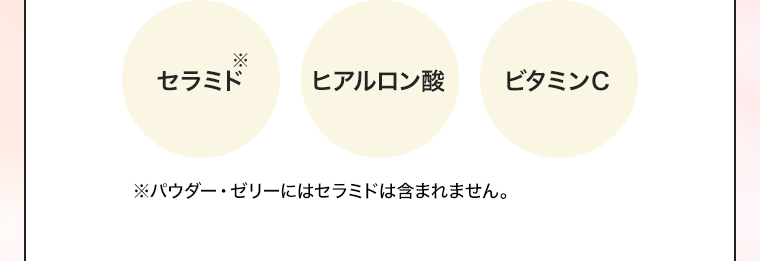 セラミド※ ヒアルロン酸 ビタミンC ※パウダー・ゼリーにはセラミドは含まれません。
