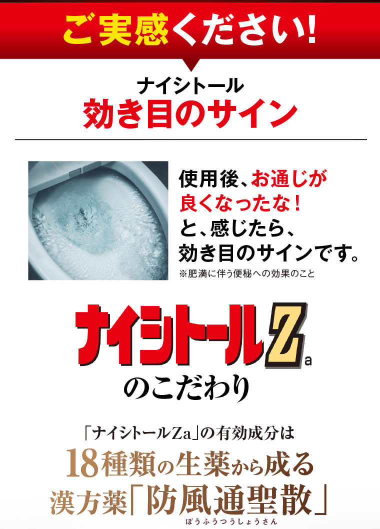 ご実感ください！ナイシトール効き目のサイン使用後、お通じが良くなったな！と、感じたら、効き目のサインです。