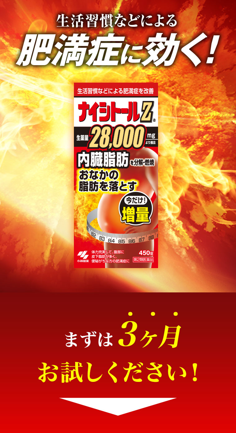 生活習慣などによる肥満症に効く！ナイシトールZa　まずは3ヶ月お試しください！