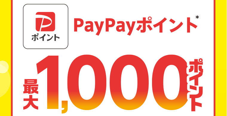 PayPayポイント*　最大1,000ポイント　※1,000円（税込）ご購入ごとにPayPayポイント200ポイント付与します。　*出金・譲渡不可。PayPayカード公式ストアでも利用可能。