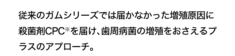 従来のガムシリーズでは届かなかった増殖原因に殺菌剤CPC※を届け、歯周病菌の増殖をおさえるプラスのアプローチ。