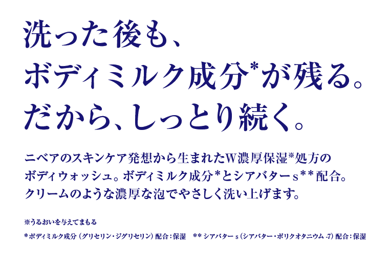 洗った後も、ボディミルク成分が残る。だから、しっとり続く。