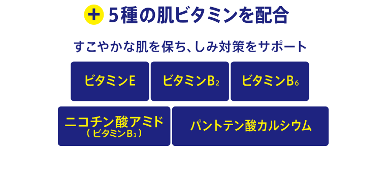 +5種の肌ビタミンを配合 すこやかな肌を保ち、しみ対策をサポート ビタミンE ビタミンB2 ビタミンB6 ニコチン酸アミド(ビタミンB3) パントテン酸カルシウム