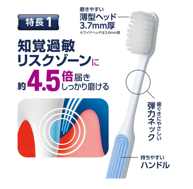 特長1 知覚過敏リスクゾーンに約4.5倍届きしっかり磨ける