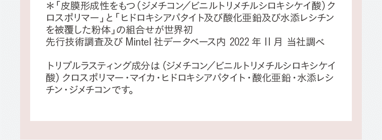 ※「皮膜形成性をもつ(ジメチコン/ビニルトリメチルシロキシケイ酸)クロスポリマー」と「ヒドロキシアパタイト及び酸化亜鉛及び水添レシチンを被覆した粉体」の組合せが世界初 先行技術調査及び Mintel 社データベース内 2022年11月 当社調べ トリプルラスティング成分は(ジメチコン/ビニルトリメチルシロキシケイ酸)クロスポリマー・マイカ・ヒドロキシアパタイト・酸化亜鉛・水添レシチン・ジメチコンです。