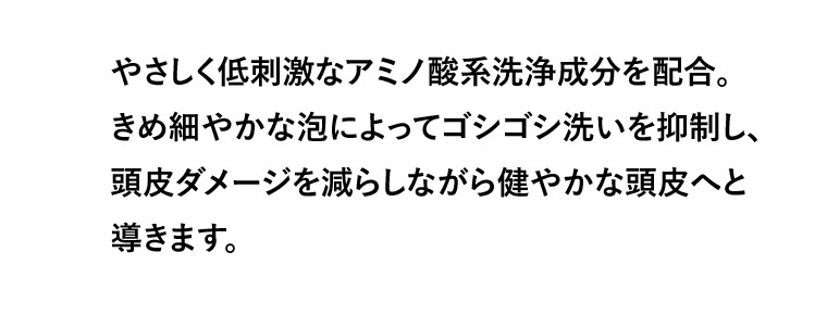 やさしく低刺激なアミノ酸系洗浄成分を配合。きめ細やかな泡によってゴシゴシ洗いを抑制し、頭皮ダメージを減らしながら健やかな頭皮へと導きます。