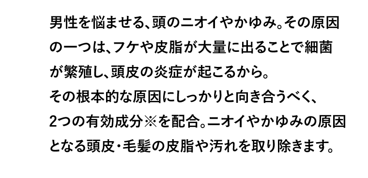 男性を悩ませる、頭のニオイやかゆみ。その原因の一つは、フケや皮脂が大量に出ることで細菌が繁殖し、頭皮の炎症が起こるから。その根本的な原因にしっかりと向き合うべく、2つの有効成分※を配合。ニオイやかゆみの原因となる頭皮・毛髪の皮脂や汚れを取り除きます。