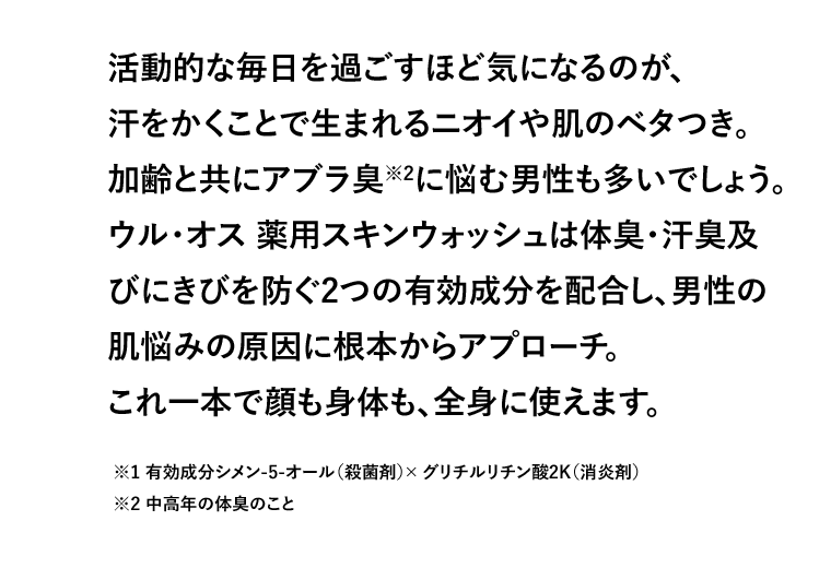活動的な毎日を過ごすほど気になるのが、汗をかくことで生まれるニオイや肌のベタつき。加齢と共にアブラ臭※2に悩む男性も多いでしょう。ウル・オス 薬用スキンウォッシュは体臭・汗臭及びにきびを防ぐ2つの有効成分を配合し、男性の肌悩みの原因に根本からアプローチ。これ一本で顔も身体も、全身に使えます。※1 有効成分シメン-5-オール（殺菌剤）× グリチルリチン酸2K（消炎剤）※2 中高年の体臭のこと