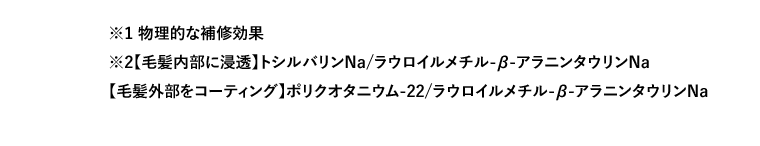 ※1 物理的な補修効果　※2【毛髪内部に浸透】トシルバリンNa/ラウロイルメチル-β-アラニンタウリンNa【毛髪外部をコーティング】ポリクオタニウム-22/ラウロイルメチル-β-アラニンタウリンNa