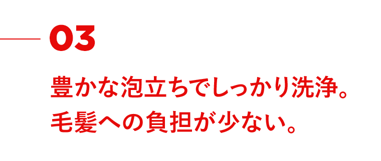03　豊かな泡立ちでしっかり洗浄。毛髪への負担が少ない。