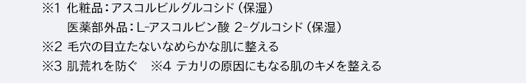 ※1 化粧品:アスコルビルグルコシド(保湿) 医薬部外品:L-アスコルビン酸 2-グルコシド(保湿) ※2 毛穴の目立たないなめらかな肌に整える ※3 肌荒れを防ぐ ※4 テカリの原因にもなる肌のキメを整える