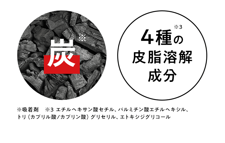 炭※ 4種※3の皮脂溶解成分 ※吸着剤 ※3 エチルヘキサン酸セチル、パルミチン酸エチルヘキシル、トリ(カプリル酸/カプリン酸)グリセリル、エトキシジグリコール