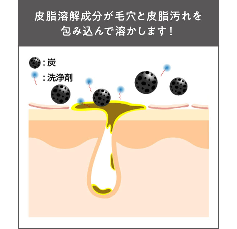 皮脂溶解成分が毛穴と皮脂汚れを包み込んで溶かします！