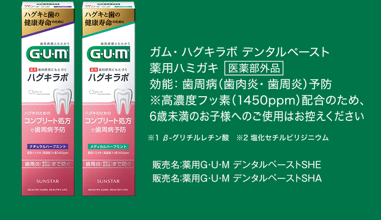 ガム・ハグキラボ　デンタルペースト　薬用ハミガキ[医薬部外品]　効能：歯周病（歯肉炎・歯周炎）　※高濃度フッ素（1450ppm）配合のため、6歳未満のお子様へのご使用はお控えください。　※1 β-グリチルレチン酸　※2 塩化セチルピリジニウム　販売名：薬用G・U・M デンタルペーストSHE　販売名：薬用G・U・M デンタルペーストSHA