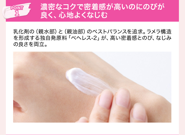 POINT1 濃密なコクで密着感が高いのにのびが良く、心地よくなじむ 乳化剤の（親水部）と（親油部）のベストバランスを追求。ラメラ構造を形成する独自発原料「ペヘレス-2」が、高い密着感とのび、なじみの良さを両立。