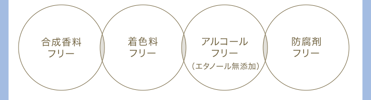 合成香料フリー 着色料フリー アルコールフリー （エタノール無添加）防腐剤フリー