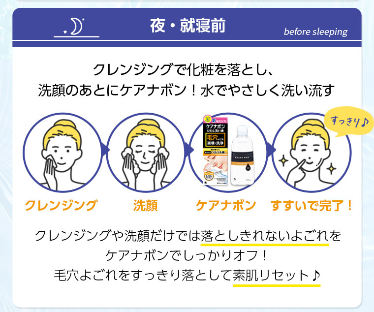 夜・就寝前　クレンジングで化粧を落とし、洗顔のあとにケアナボン！水でやさしく洗い流す