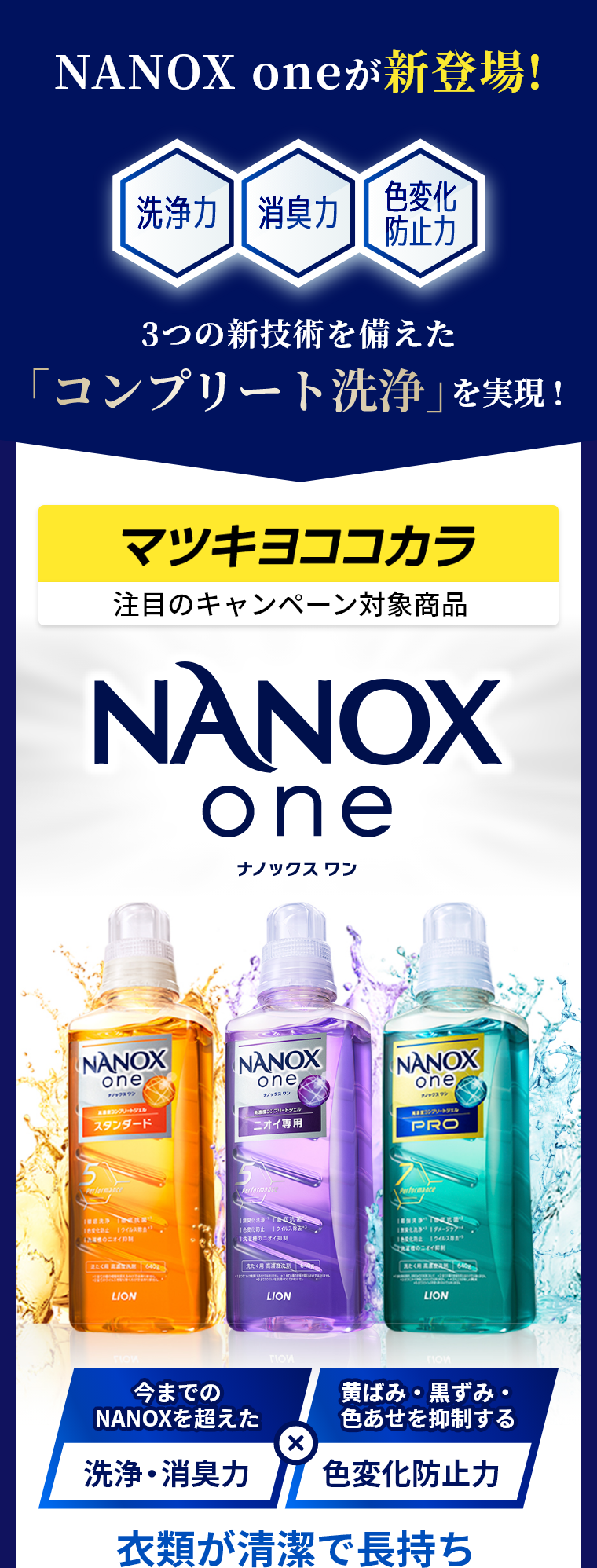 NANOX one が新登場！洗浄力 消臭力 色変化防止力 3つの新技術を備えた「コンプリート洗浄」を実現！ マツキヨココカラ注目のキャンペーン対象商品 NANOX one 今までのNANOXを超えた洗浄・消臭力×黄ばみ・黒ずみ・色あせを抑制する色変化防止力 衣類が清潔で長持ち
