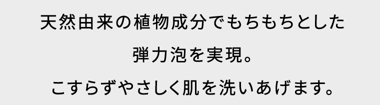 天然由来の植物成分でもちもちとした弾力泡を実現。こすらずやさしく肌を洗いあげます。