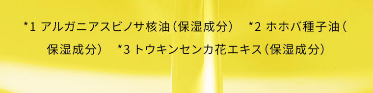 *1 アルガニアスビノサ核油（保湿成分）　*2 ホホバ種子油（保湿成分）　*3 トウキンセンカ花エキス（保湿成分）