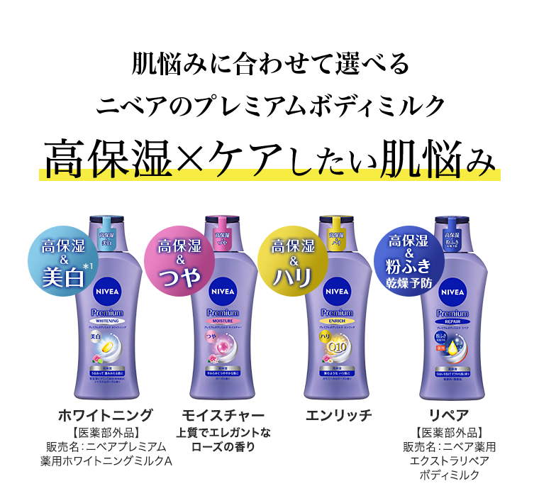 肌悩みに合わせて選べるニベアのプレミアムボディミルク 高保湿×ケアしたい肌悩み ホワイトニング モイスチャー エンリッチ リペア
