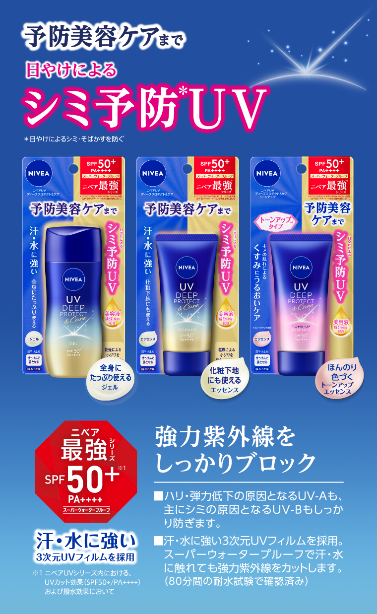 予防美容ケアまで 日やけによるシミ予防UV 強力紫外線をしっかりブロック ニベア最強シリーズ SPF50+ PA++++ 汗・水に強い 汗・水に強い3次元UVフィルムを採用