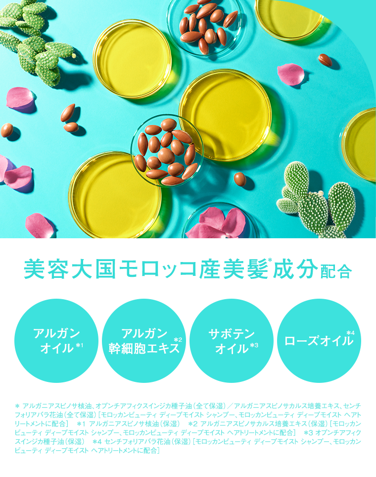 美容大国モロッコ産美髪成分配合 アルガンアルガンオイル 幹細胞エキス サボテンオイル ローズオイル