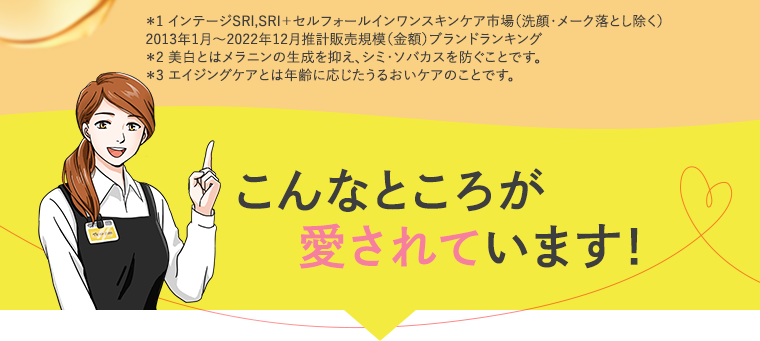 ※1 インテージSRl,SRI＋セルフォールインワンスキンケア市場（洗顔・メーク落とし除く）2013年1月～2022年12月推計販売規模（金額）ブランドランキング※2 美白とはメラニンの生成を抑え、シミ・ソバカスを防ぐことです。※3 エイジングケアとは年齢に応じたうるおいケアのことです。　こんなところが愛されています！