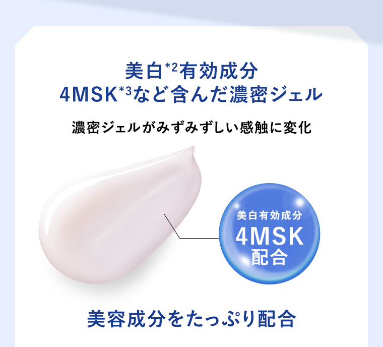 美白※2有効成分4MSK※3など含んだ濃密ジェル　濃密ジェルがみずみずしい感触に変化　美白成分4MSK　美容成分をたっぷり配合