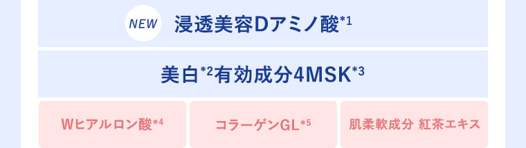 NEW　浸透美容Dアミノ酸※1 美白※2有効成分4MSK※3 Wヒアルロン酸※4  肌柔軟成分 紅茶エキス
