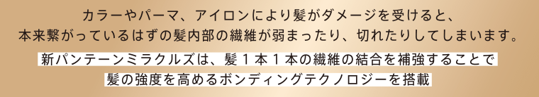 カラーやパーマ、アイロンにより髪がダメージを受けると、本来繋がっているはずの髪内部の繊維が弱まったり、切れたりしてしまいます。新パンテーンミラクルズは、髪1本1本の繊維の結合を補強することで髪の強度を高めるボンディングテクノロジーを搭載