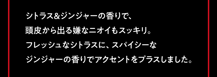 シトラス&ジンジャーの香りで、頭皮から出る嫌なニオイもスッキリ。フレッシュなシトラスに、スパイシーなジンジャーの香りでアクセントをプラスしました。