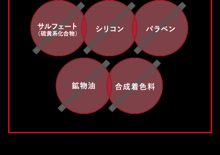 サルフェート（硫黄系化合物）／シリコン／パラベン／鉱物油／合成着色料
