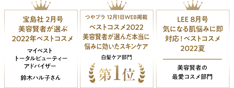 宝島社 2月号	美容賢者が選ぶ2022年ベストコスメ マイベスト トータルビューティーアドバイザー 鈴木ハル子さん／つやプラ 12月1日WEB掲載 ベストコスメ2022 美容賢者が選んだ本当に悩みに効いたスキンケア	 白髪ケア部門第1位／LEE 8月号 気になる肌悩みに即対応！ベストコスメ2022夏　美容賢者の最愛コスメ部門