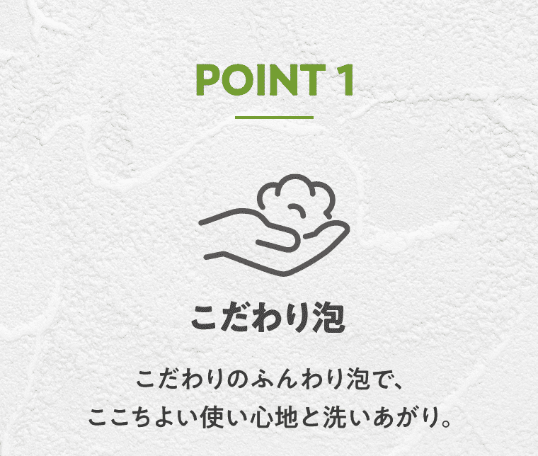 POINT1 こだわり泡 こだわりのふんわり泡で、ここちよい使い心地と洗いあがり。
