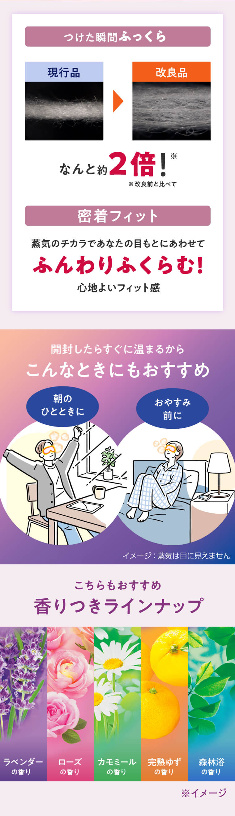 つけた瞬間ふっくら なんと約2倍！※※改良前と比べて 密着フィット 蒸気のチカラであなたの目もとにあわせて ふんわりふくらむ！ 心地よいフィット感　開封したらすぐに温まるかたこんなときにもおすすめ　朝のひとときに　おやすみの前に　こちらもおすすめ香りつきラインナップ ラベンダーの香り ローズの香り カモミールの香り 完熟ゆずの香り 森林浴の香り