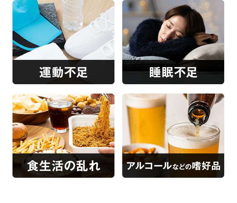 運動不足 睡眠不足 食生活の乱れ アルコールなどの嗜好品